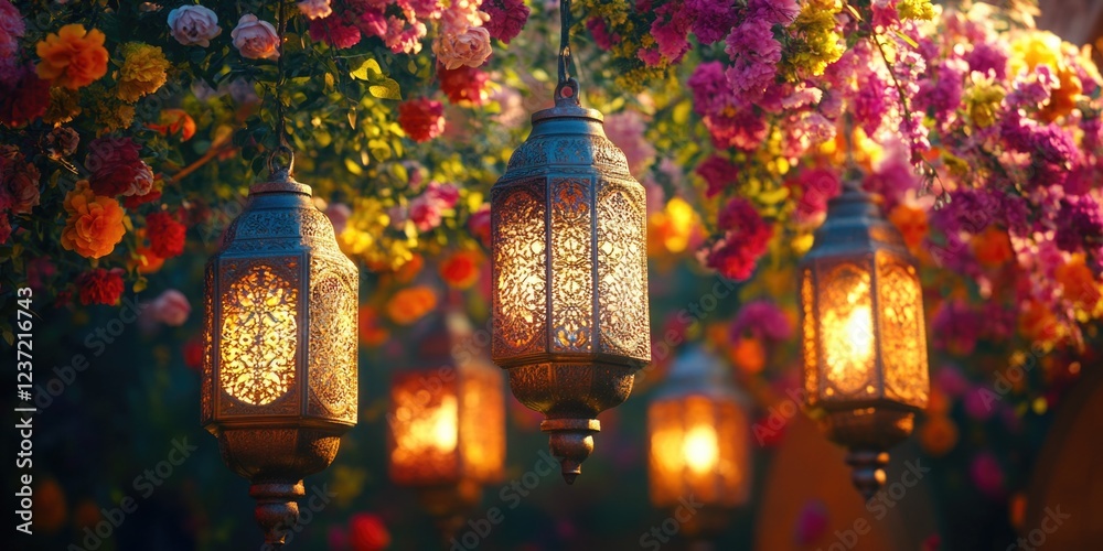 Naklejka premium Glowing lanterns in a garden setting, possibly celebrating a festival or event. The vibrant lights add a festive and colorful ambiance to the scene.