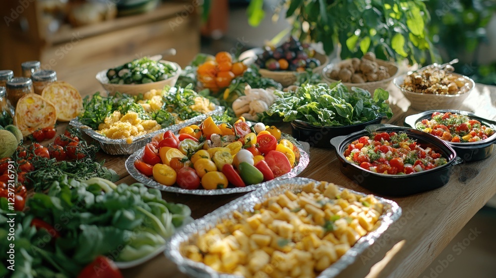 Obraz premium Various fresh fruits and vegetables arranged on a table, ready for preparation. A display of wholesome produce.