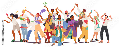 Happy diverse multiracial people characters participating in Holi festival Indian party event