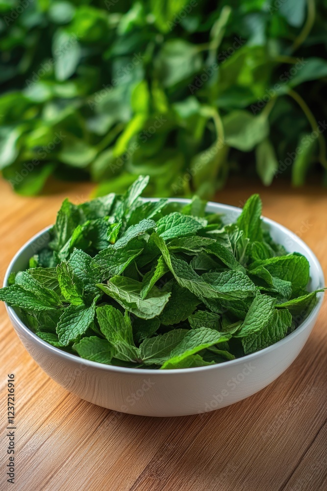 A fresh bowl of mint leaves, often used in cooking and herbal medicine. A fresh bowl of mint leaves, often used in cooking and herbal medicine.