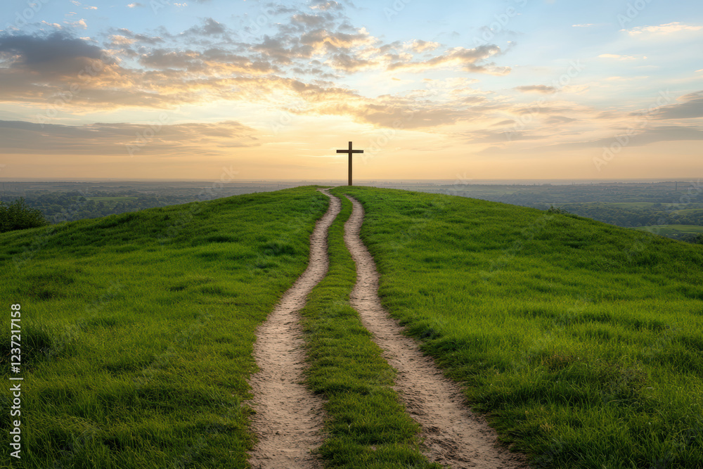 Obraz premium A wooden cross stands atop a grassy hill, illuminated by a golden sunrise.