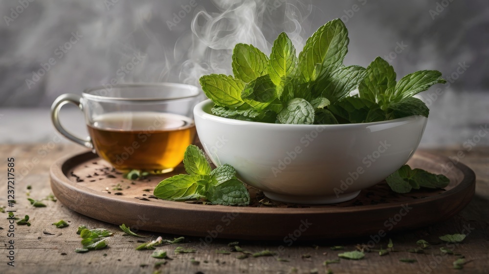 Steaming Mint Tea in a White Ceramic Bowl: A Refreshing and Calming Wellness Scene Steaming Mint Tea in a White Ceramic Bowl: A Refreshing and Calming Wellness Scene