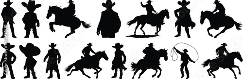 Cowboy silhouettes set, western pack of vector silhouette design, isolated background