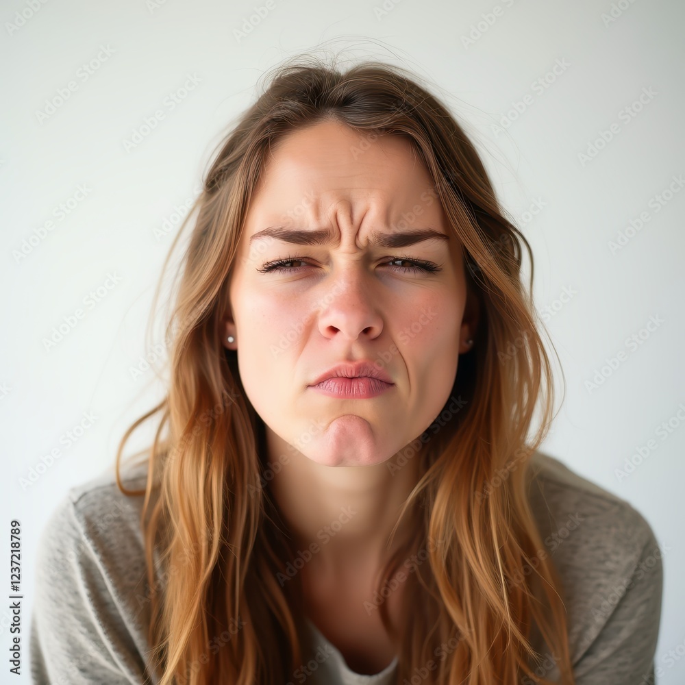 Young woman making disgusted face expression, wrinkling nose and curling lips Young woman making disgusted face expression, wrinkling nose and curling lips