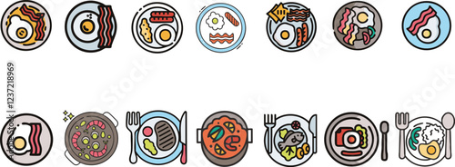 a set of different plates with different foods on them vector illustration
