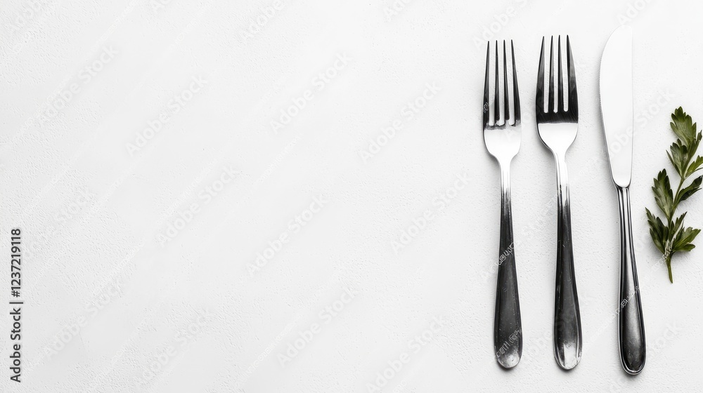 Elegant cutlery setting, white background, herb garnish, restaurant menu design Elegant cutlery setting, white background, herb garnish, restaurant menu design