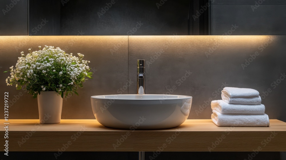 Fototapeta premium Elegant modern bathroom with vessel sink and fresh flowers on wooden counter