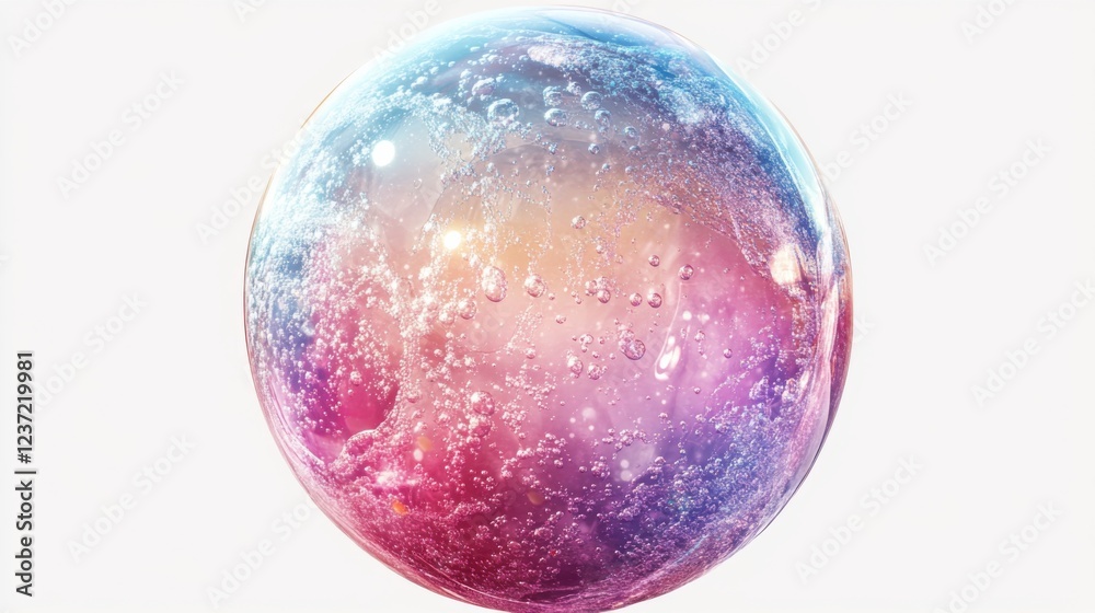 Colorful iridescent bubble with water droplets against white background Colorful iridescent bubble with water droplets against white background