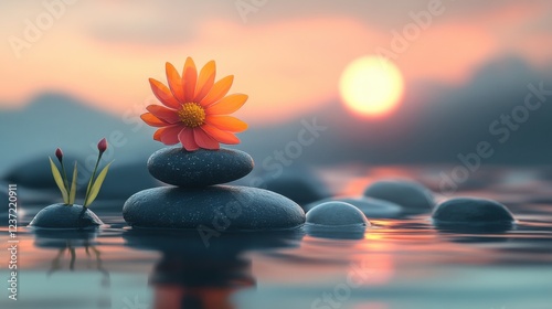 Serene sunset: flower on balanced stones in tranquil water