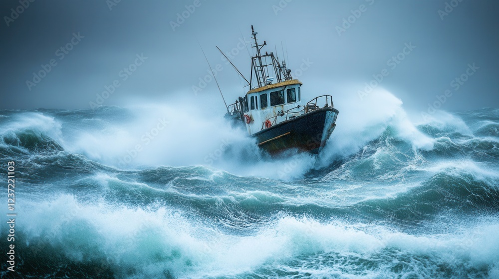 Small fishing boat battles rough sea waves under stormy skies Small fishing boat battles rough sea waves under stormy skies