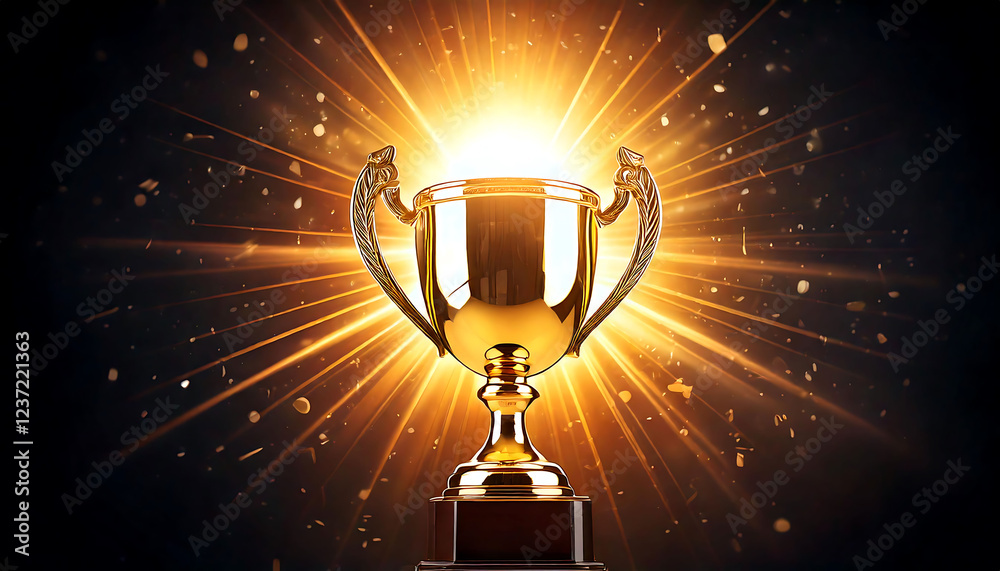 A gleaming golden trophy bathed in radiant light, surrounded by celebratory sparks. Perfect for celebrating success, victory, achievement, awards, and competition. A gleaming golden trophy bathed in radiant light, surrounded by celebratory sparks. Perfect for celebrating success, victory, achievement, awards, and competition.