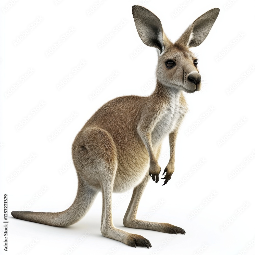 Fototapeta premium Curious kangaroo standing alert with ears perked on white background