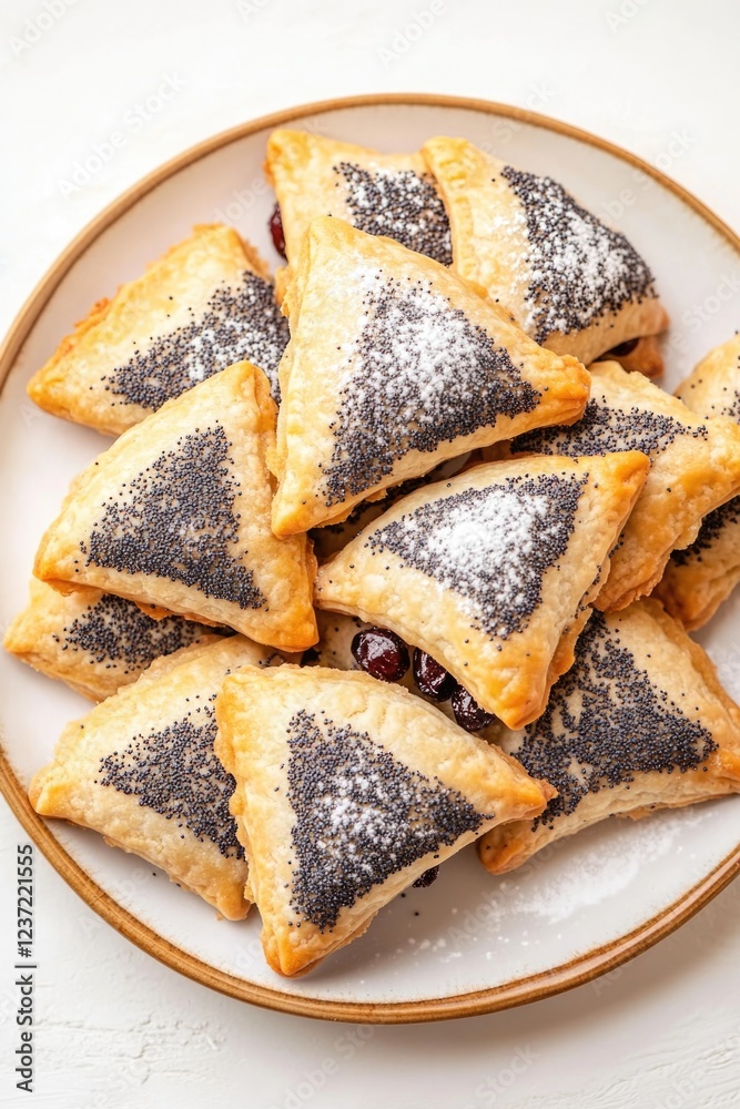 A plate of pikelets with powdered sugar on top. The pikelets are triangular in shape and are arranged in a stack A plate of pikelets with powdered sugar on top. The pikelets are triangular in shape and are arranged in a stack