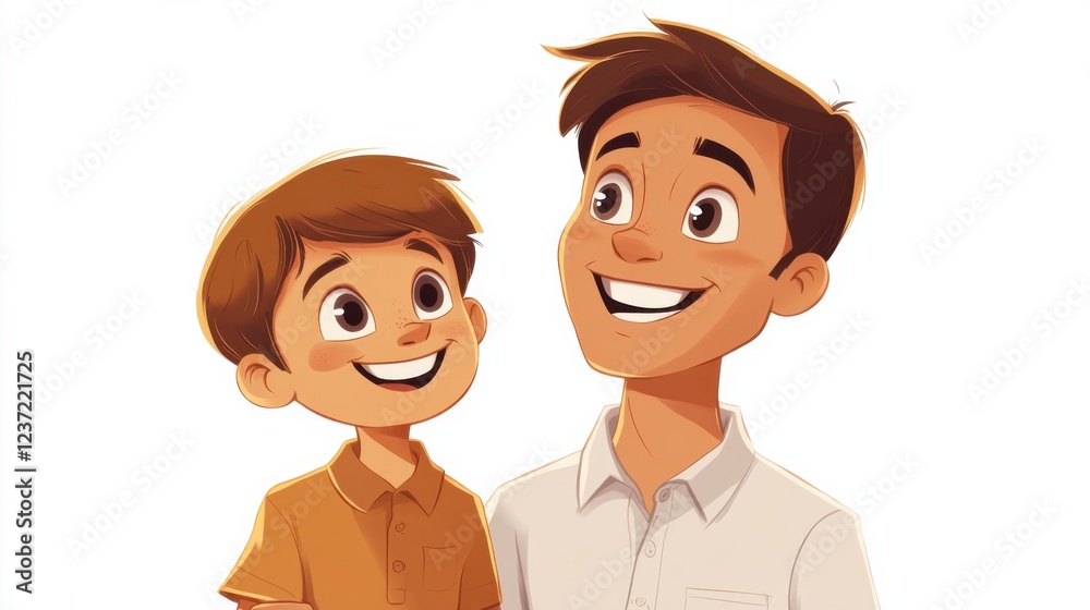 Happy father and son smiling together in casual clothes against a white background Happy father and son smiling together in casual clothes against a white background