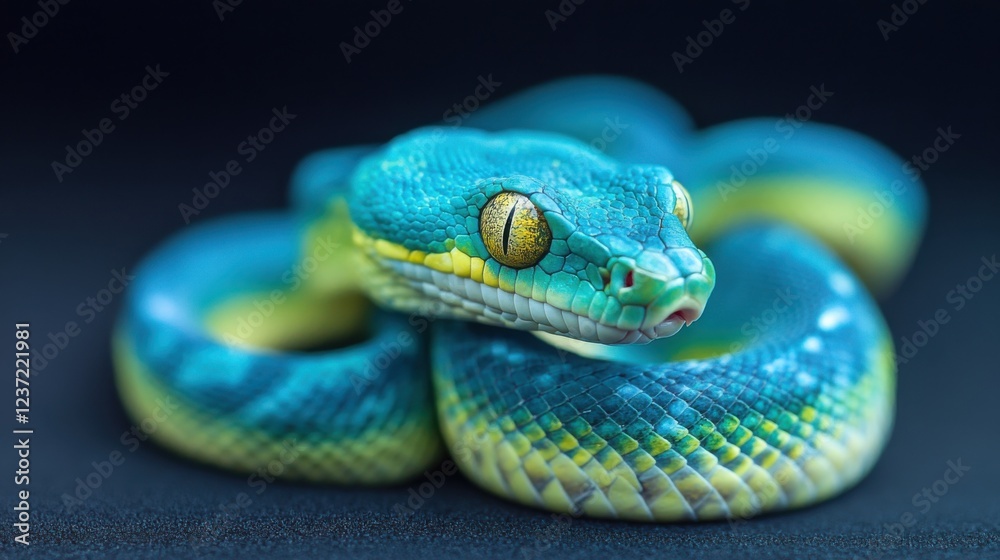 Fototapeta premium Vibrant green and blue snake coiled on black background with yellow highlights