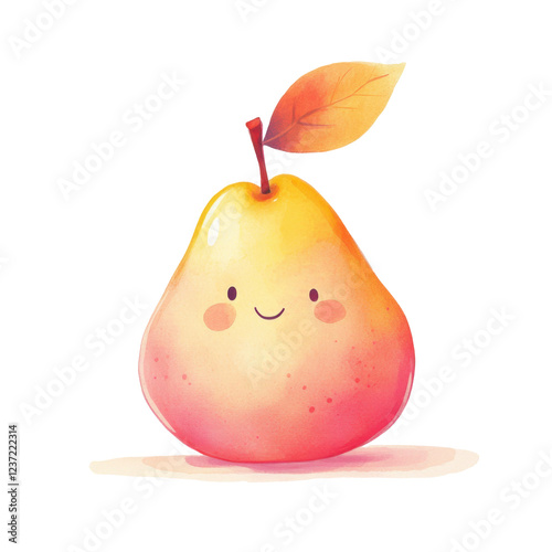 Cute smiling cartoon pear with leaf in vibrant colors on transparent background isolated png