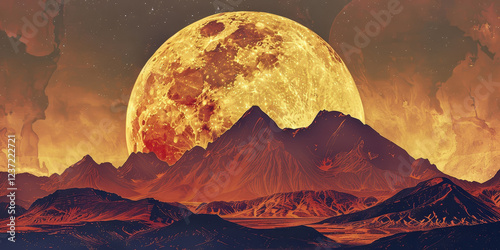 Majestic mountains under a giant golden full moon with a dramatic sky, creating a surreal and otherworldly landscape