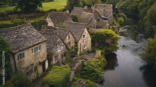 Village of stone cottages along riverbank with green lawns and trees. photo