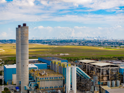 Aerial photo trash incinerator with view of Miami and Doral in background photo