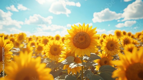 Vibrant sunflowers blooming under a clear blue sky on a sunny day