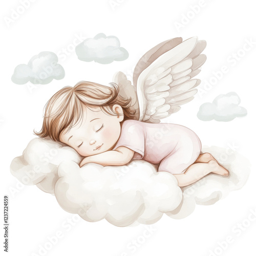Sleeping angelic child with wings resting on a cloud surrounded by soft white clouds isolated png