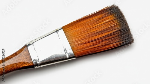 Flat paintbrush with wooden handle and metal ferrule on white background photo