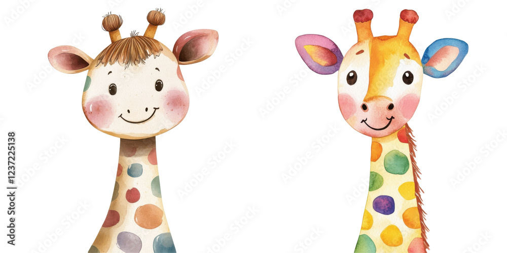 Obraz premium Cute cartoon giraffe characters with colorful patterns and smiling expressions isolated png