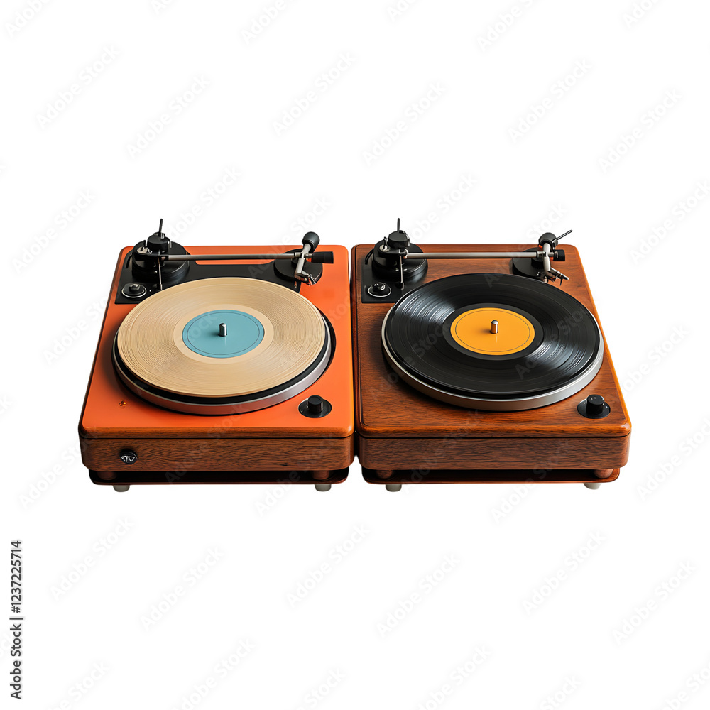 Fototapeta premium Retro-Style Record Player with Wooden Base Isolated on Transparent Background