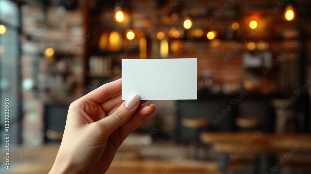 A close-up of a hand holding a blank white business card in a stylish café setting with warm lighting. A close-up of a hand holding a blank white business card in a stylish café setting with warm lighting.