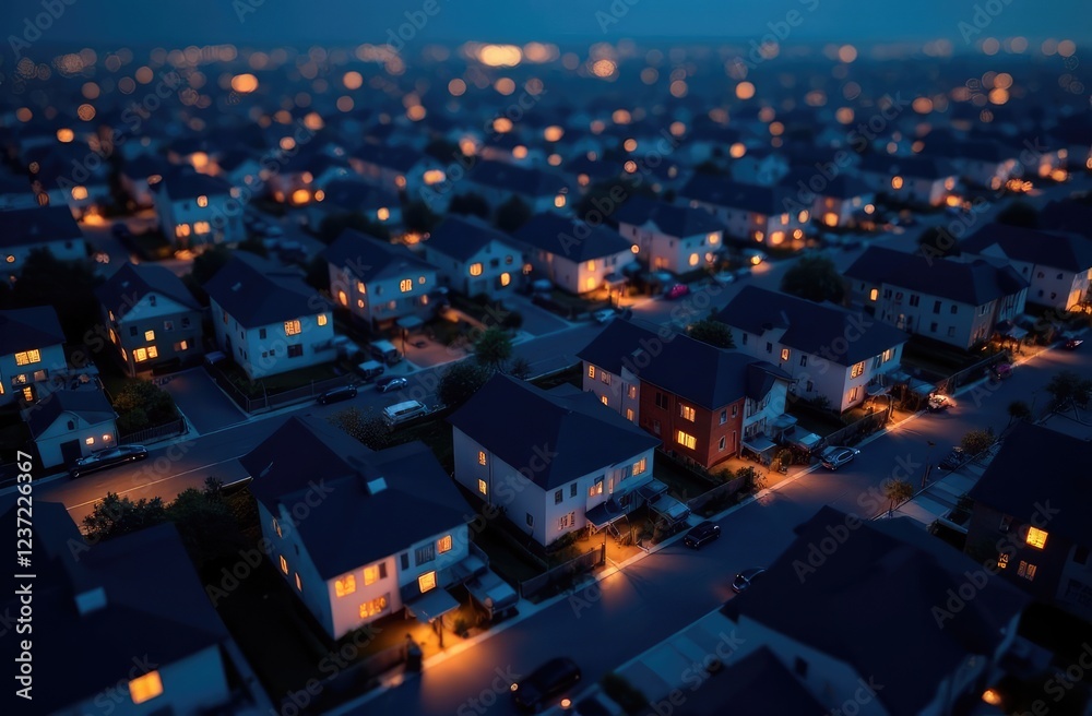 Obraz premium Homes with Wi-Fi connectivity symbols animated at night. Modern American residential area. Digital infrastructure and connectivity. 