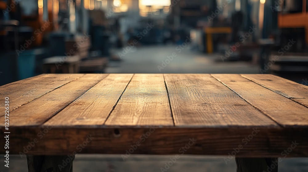 Rustic wooden table in workshop setting with blurred background, warm lighting, and detailed texture Rustic wooden table in workshop setting with blurred background, warm lighting, and detailed texture