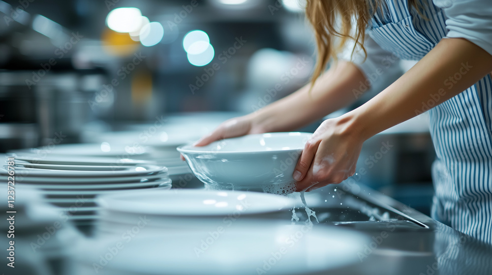A woman in a professional kitchen washes dishes with soap and water, ensuring cleanliness and hygiene.