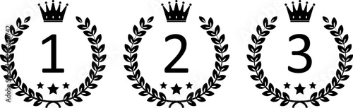 Number one, Number 2, Number 3, gold, silver, bronze crown laurel banner vector icon illustration white background.