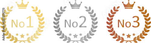 Number one, Number 2, Number 3, gold, silver, bronze crown laurel banner vector icon illustration white background.