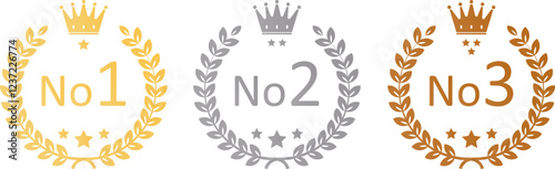 Number one, Number 2, Number 3, gold, silver, bronze crown laurel banner vector icon illustration white background.