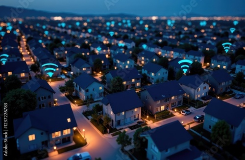 Homes with Wi-Fi connectivity symbols animated at night. Modern American residential area. Digital infrastructure and connectivity.  photo