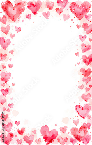 Watercolour Happy Women's, Mother's, Valentine's Day, birthday greeting card design with pink and red love hearts on a white background