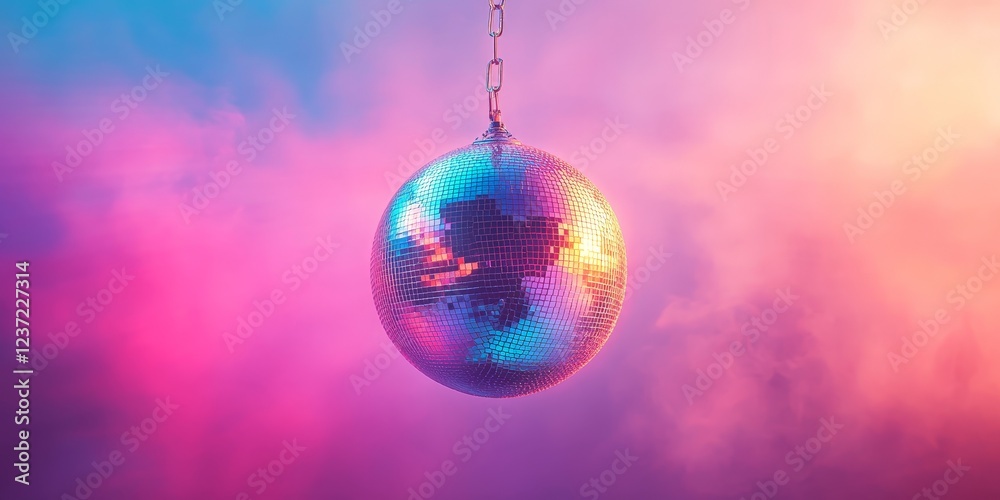 Fototapeta premium A classic disco ball with bright, colorful reflections, set against a pink and purple glowing background. Ideal for nightlife, parties, and music-themed content.