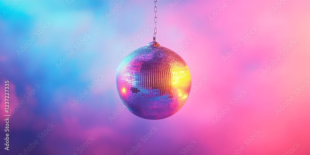 Fototapeta premium A classic disco ball with bright, colorful reflections, set against a pink and purple glowing background. Ideal for nightlife, parties, and music-themed content.