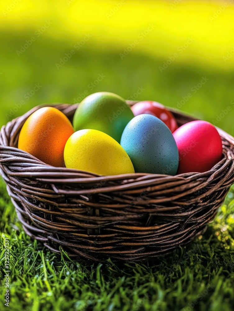 Brightly colored Easter eggs in a traditional woven basket, ready for celebration. Brightly colored Easter eggs in a traditional woven basket, ready for celebration.