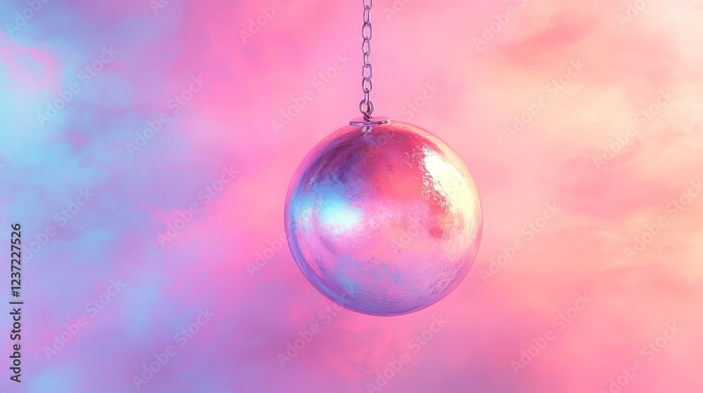 Fototapeta premium A classic disco ball with bright, colorful reflections, set against a pink and purple glowing background. Ideal for nightlife, parties, and music-themed content.