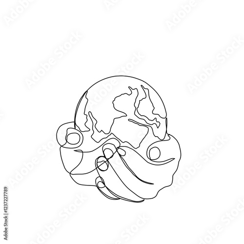 Continuous one line art drawing hands hold Earth globe. Save and protect earth planet linear concept. Vector illustration isolated on white background.
