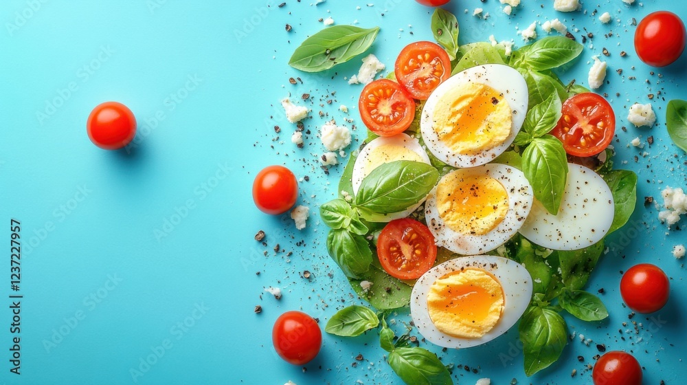 Fresh salad with boiled eggs, cherry tomatoes, basil, and feta on a blue background