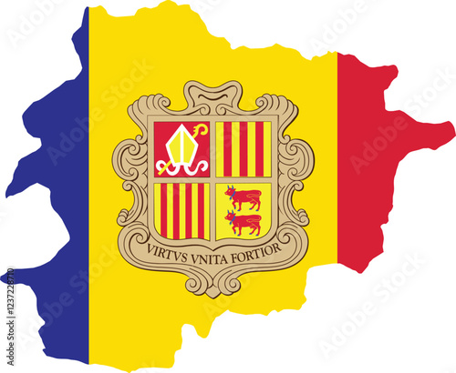 A creative illustration of Andorra map with the country's flag integrated within it. Symbol of Andorra's national pride, emphasizing geography and identity.