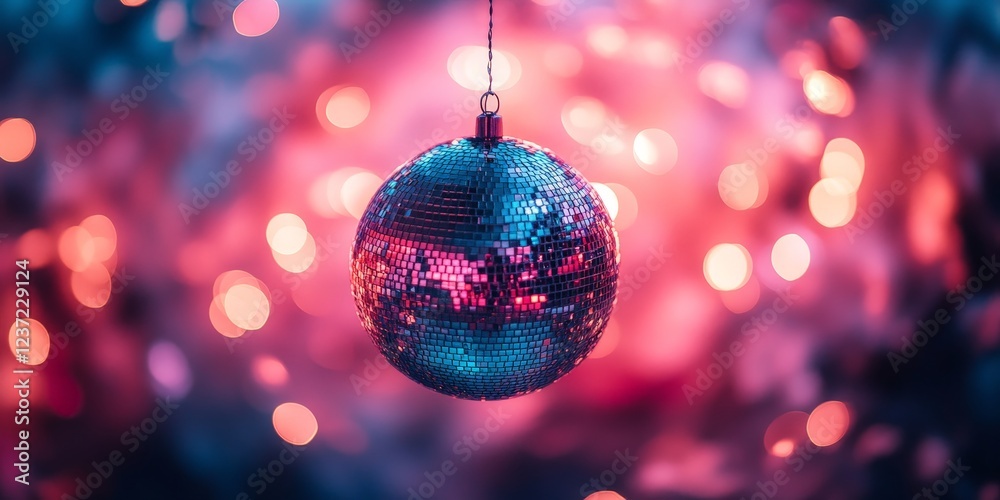 Obraz premium A classic disco ball with bright, colorful reflections, set against a pink and purple glowing background. Ideal for nightlife, parties, and music-themed content.