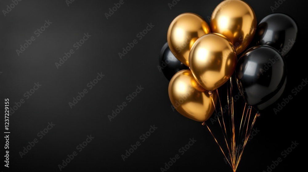 Elegant gold and black balloons against a dark background: luxurious party decor Elegant gold and black balloons against a dark background: luxurious party decor