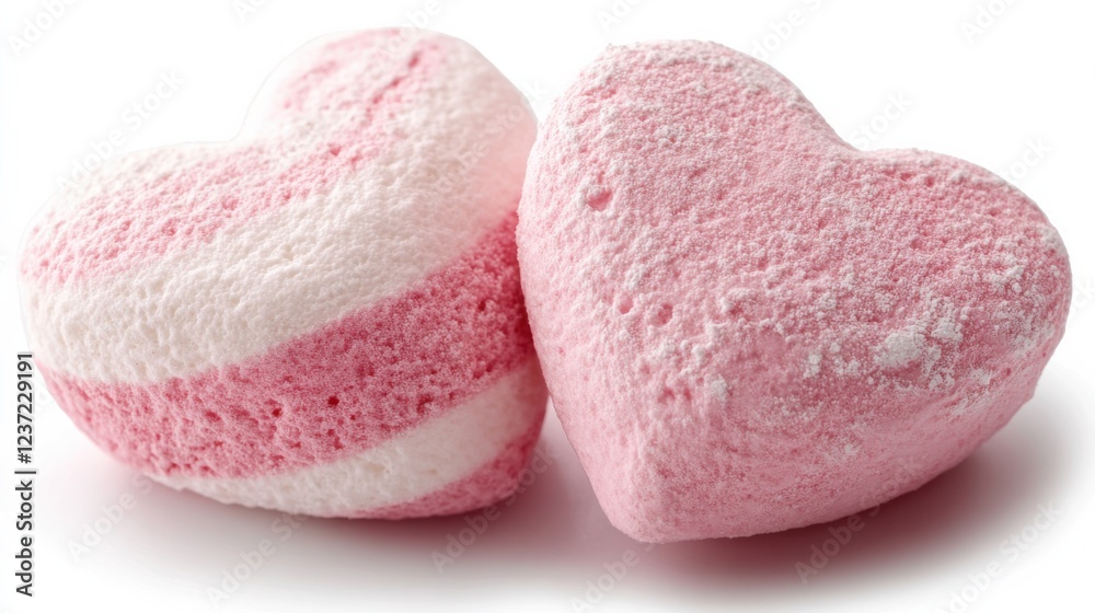 Two pink and white heart shaped marshmallows with powdered sugar coating close-up Two pink and white heart shaped marshmallows with powdered sugar coating close-up