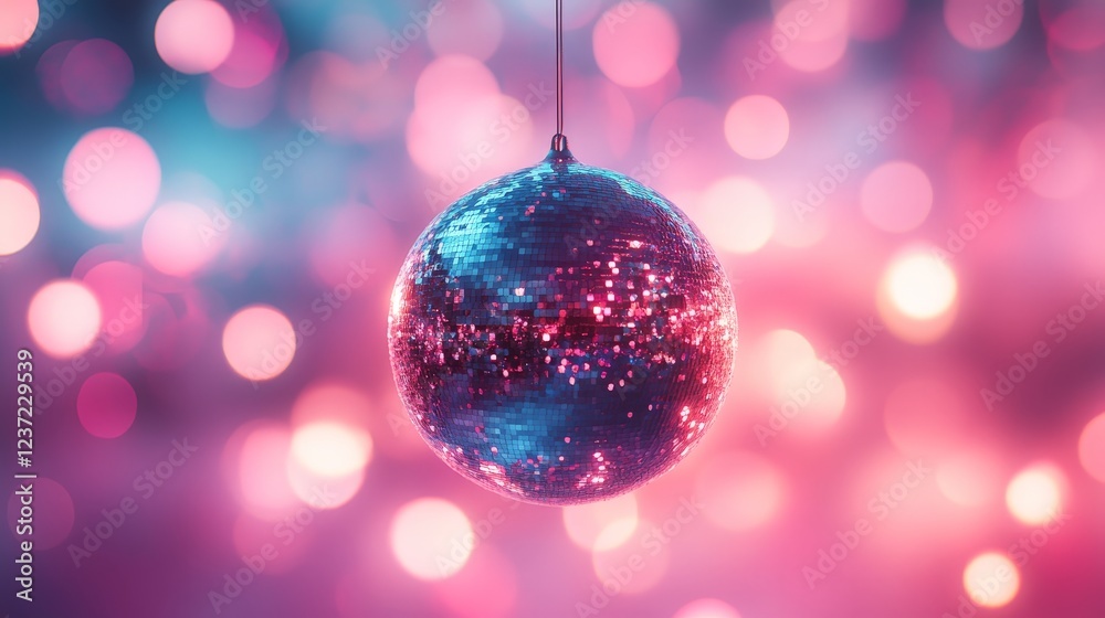 Fototapeta premium A classic disco ball with bright, colorful reflections, set against a pink and purple glowing background. Ideal for nightlife, parties, and music-themed content.