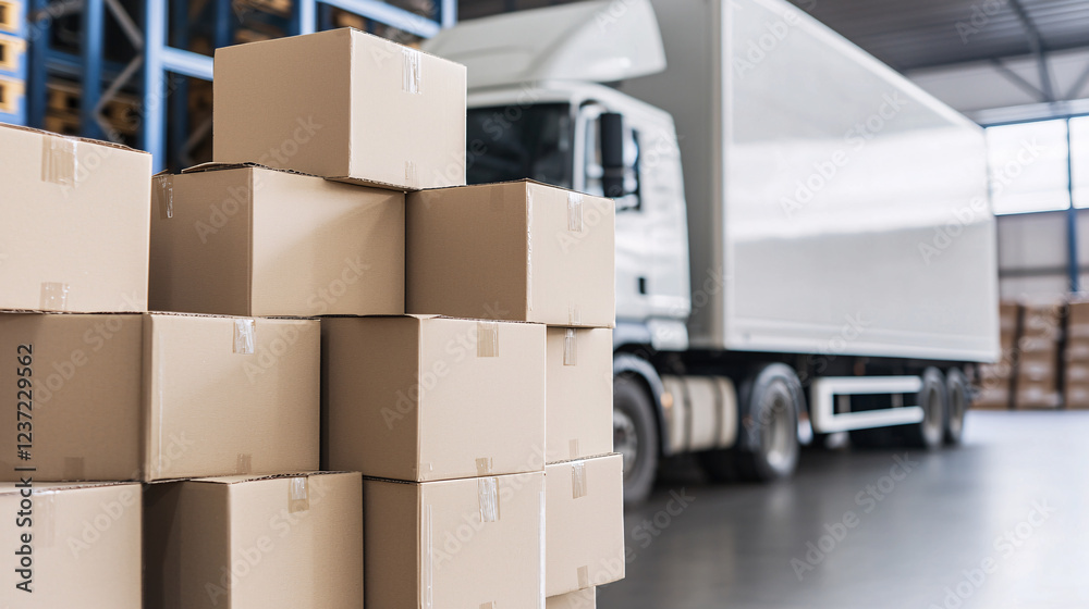 Stacked cardboard boxes in a warehouse with a delivery truck in the background (2) Stacked cardboard boxes in a warehouse with a delivery truck in the background (2)