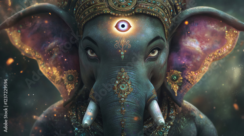 Ganeshaâs third eye softly glowing on his forehead, radiating divine wisdom and knowledge photo